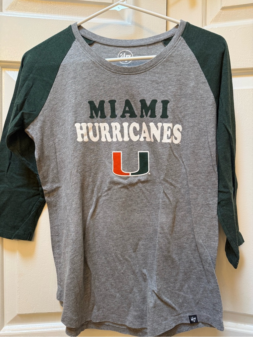 47 Miami Hurricanes Raglan Tee - Gray & Green with Orange Accent